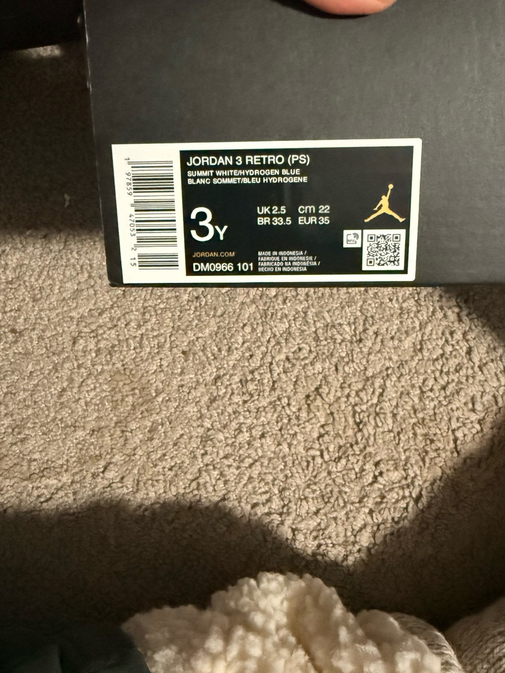 Jordan 3 Retro (PS) Box Label - Summit White/Hydrogen Blue